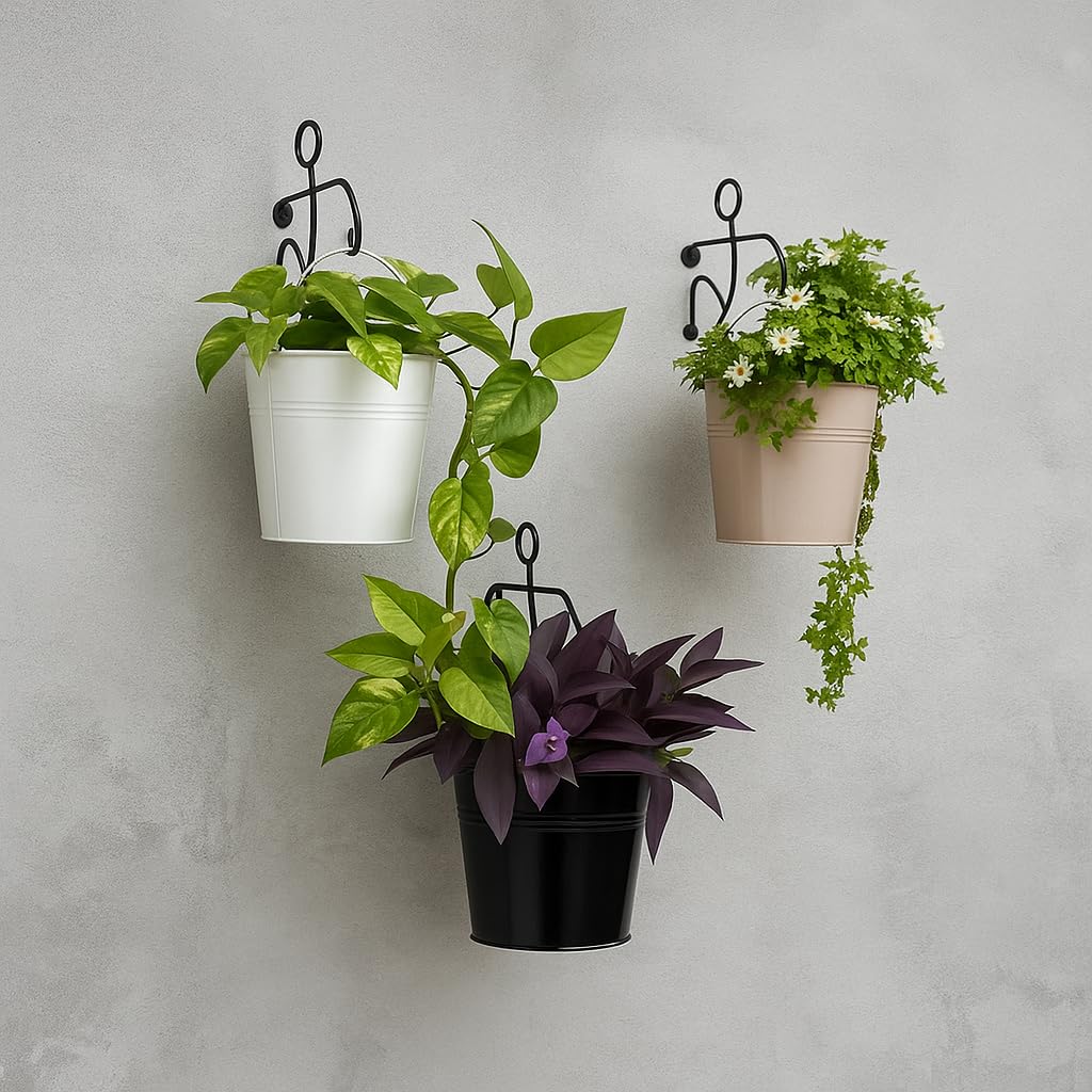 Hanging Metal Bucket Planters - Set of 3 (Pink, Black, White)