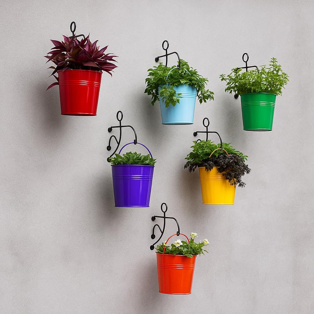 Hanging Metal Bucket Planters - Set of 6 (Multicolour)